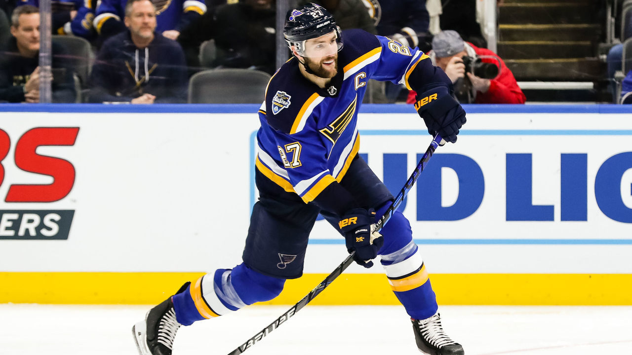 ST. LOUIS, MO - JANUARY 15: St. Louis Blues' Alex Pietrangelo takes a shot during the third period of an NHL hockey game between the St. Louis Blues and the Philadelphia Flyers on January 15, 2020, at the Enterprise Center in St. Louis, MO.