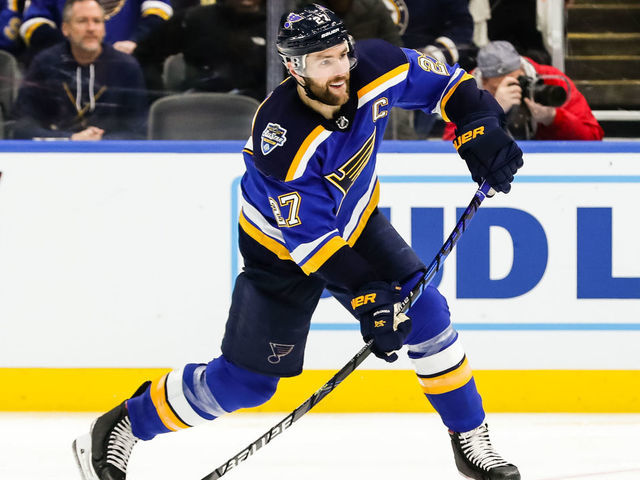 ST. LOUIS, MO - JANUARY 15: St. Louis Blues' Alex Pietrangelo takes a shot during the third period of an NHL hockey game between the St. Louis Blues and the Philadelphia Flyers on January 15, 2020, at the Enterprise Center in St. Louis, MO.
