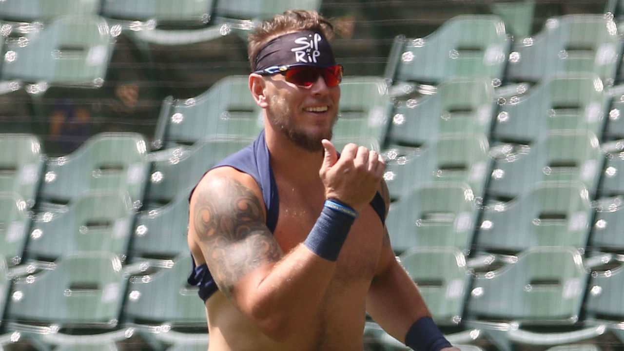 MILWAUKEE, WI - JULY 05: Milwaukee Brewers infielder Logan Morrison (21) warms up during Milwaukee Brewers Summer Camp at Miller Park, on July 5, 2020 in Milwaukee, WI.