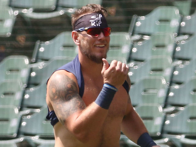 Tampa Bay Rays' Logan Morrison, right, celebrates with on-deck