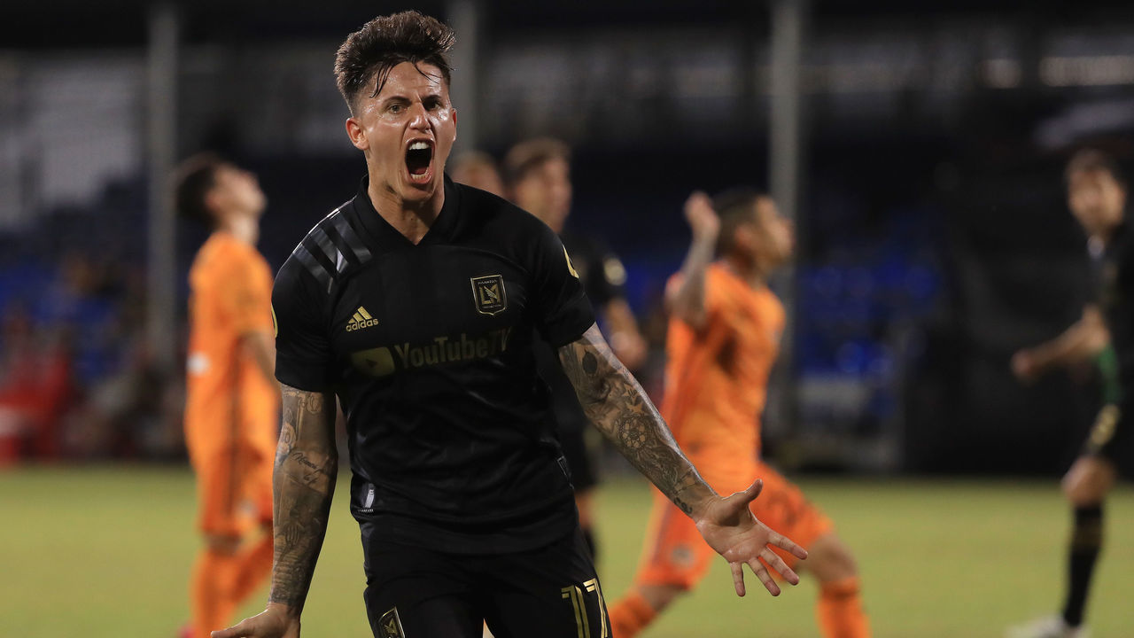 REUNION, FLORIDA - JULY 13: Brian Rodriguez #17 of Los Angeles FC celebrates the third goal of his team during a match between Los Angeles FC and Houston Dynamo as part of MLS is Back Tournament at ESPN Wide World of Sports Complex on July 13, 2020 in Reunion, Florida.