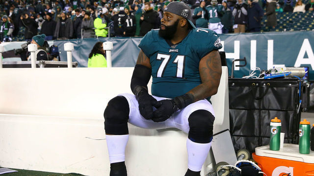 PHILADELPHIA, PENNSYLVANIA - JANUARY 05: Jason Peters #71 of the Philadelphia Eagles sits on the bench after a 17-9 loss to the Seattle Seahawks in the NFC Wild Card Playoff game at Lincoln Financial Field on January 05, 2020 in Philadelphia, Pennsylvania.