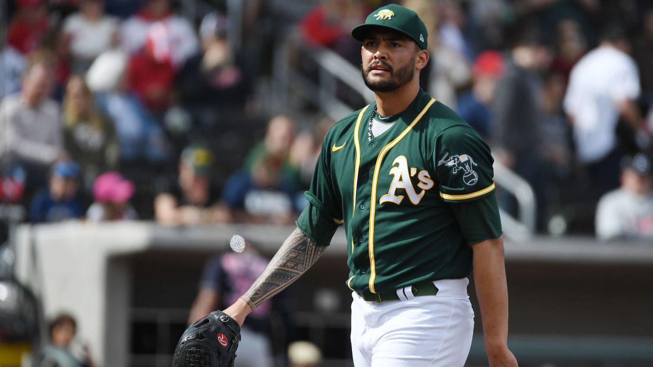 LAS VEGAS, NEVADA - FEBRUARY 29: Sean Manaea #55 of the Oakland Athletics walks off the mound as he pitches against the Cleveland Indians during their exhibition game at Las Vegas Ballpark on February 29, 2020 in Las Vegas, Nevada. The Athletics defeated the Indians 8-6.