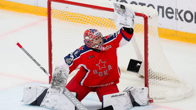 MOSCOW, RUSSIA - MARCH 2, 2020: HC CSKA Moscow's goalie Ilya Sorokin in Leg 1 of the 2019/20 KHL Western Conference quarterfinal playoff tie between HC CSKA Moscow and HC Torpedo Nizhny Novgorod Region at CSKA Arena. Sergei Savostyanov/TASS