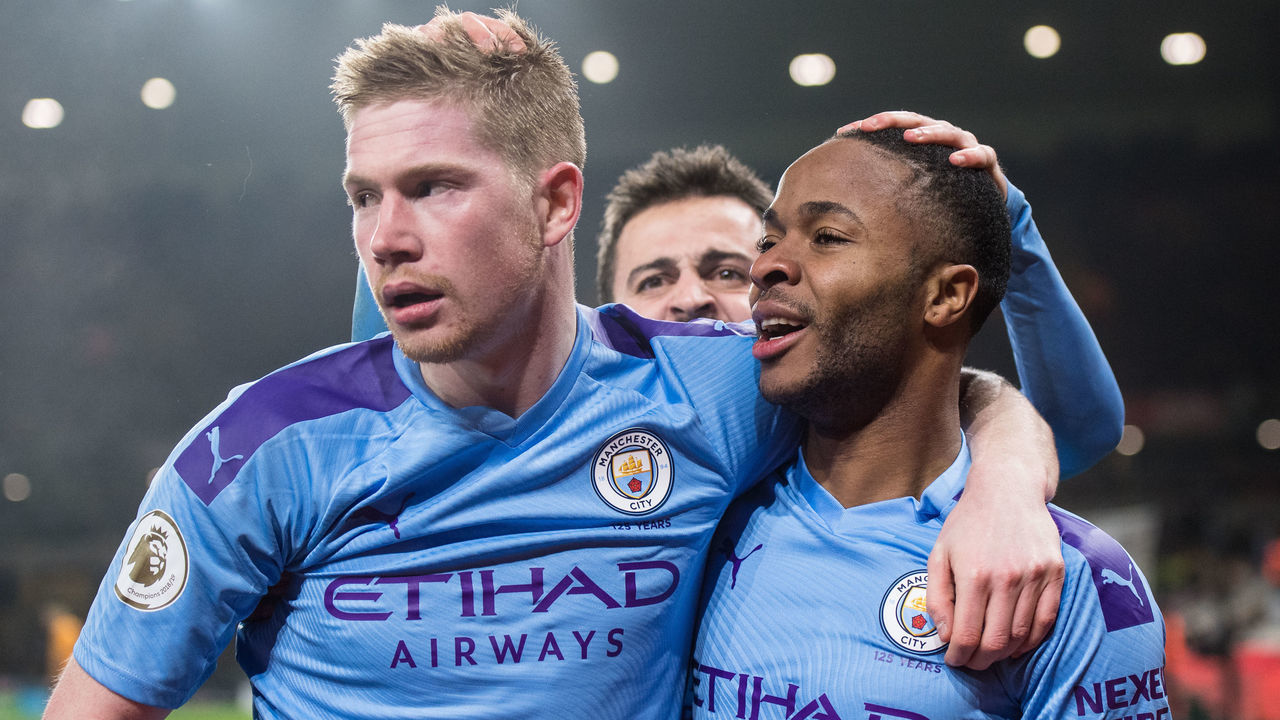 WOLVERHAMPTON, ENGLAND - DECEMBER 27: Raheem Sterling of Manchester City celebrate with hes team mate Kevin De Bruyne and Bernardo Silva after scoring 2nd goal during the Premier League match between Wolverhampton Wanderers and Manchester City at Molineux on December 27, 2019 in Wolverhampton, United Kingdom.