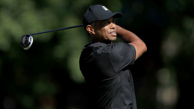 DUBLIN, OHIO - JULY 14: Tiger Woods plays a shot during a practice round prior to The Memorial Tournament at Muirfield Village Golf Club on July 14, 2020 in Dublin, Ohio.