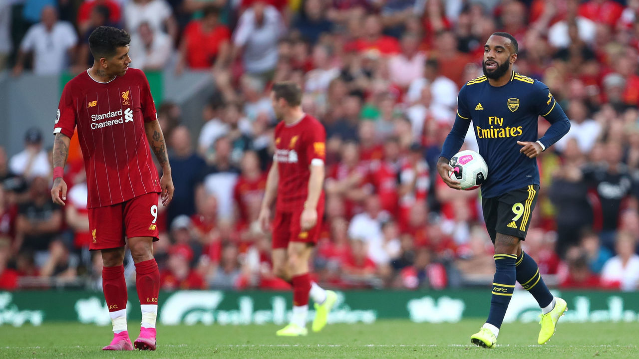 LIVERPOOL, ENGLAND - AUGUST 24: Alexandre Lacazette of Arsenal during the Premier League match between Liverpool FC and Arsenal FC at Anfield on August 24, 2019 in Liverpool, United Kingdom.