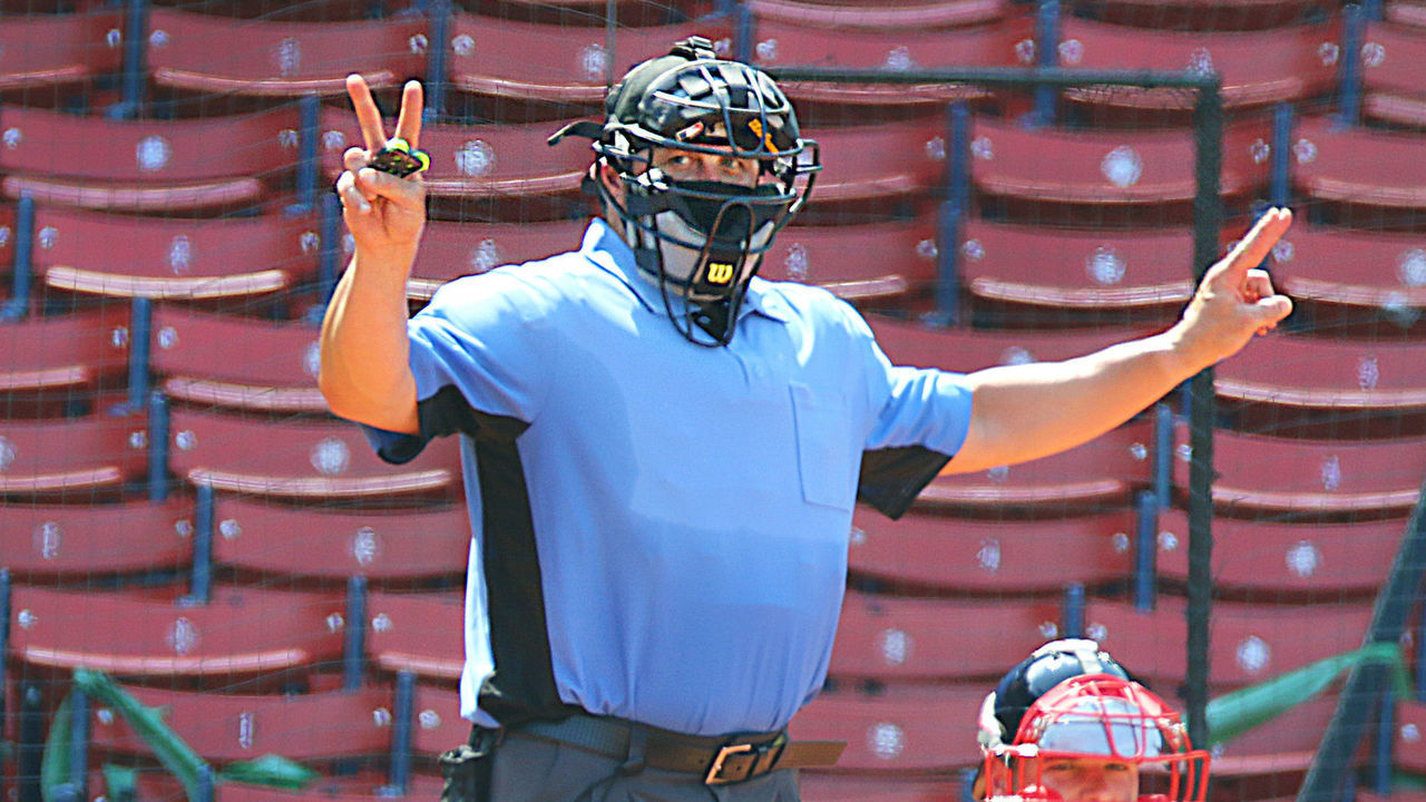 BOSTON, MA - JULY 9: Jason Varitek is the umpire for the scrimmage during Red Sox Summer Camp workouts at Fenway Park in Boston on July 9, 2020.