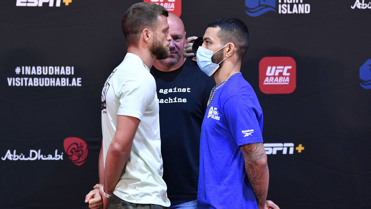 ABU DHABI, UNITED ARAB EMIRATES - JULY 14: In this handout image provided by UFC, (L-R) Opponents Calvin Kattar and Dan Ige face off during the UFC Fight Night weigh-in inside Flash Forum on UFC Fight Island on July 14, 2020 in Yas Island, Abu Dhabi, United Arab Emirates.
