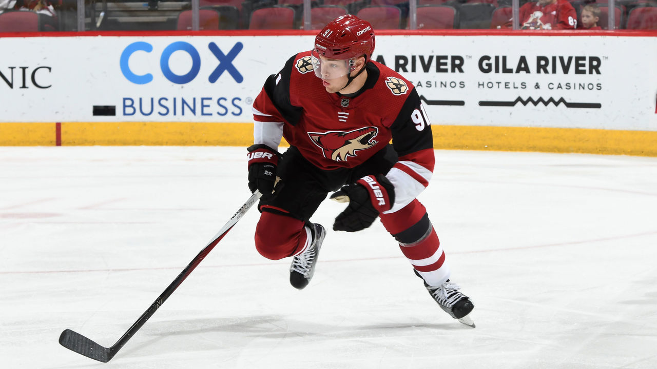 GLENDALE, ARIZONA - DECEMBER 19: Taylor Hall #91 of the Arizona Coyotes skates up ice against the Minnesota Wild at Gila River Arena on December 19, 2019 in Glendale, Arizona.