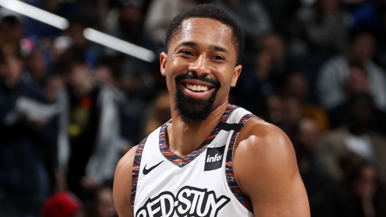BROOKLYN, NY - JANUARY 12: Spencer Dinwiddie #8 of the Brooklyn Nets smiles during the game against the Atlanta Hawks on January 12, 2020 at Barclays Center in Brooklyn, New York. Mandatory Copyright Notice: Copyright 2020 NBAE