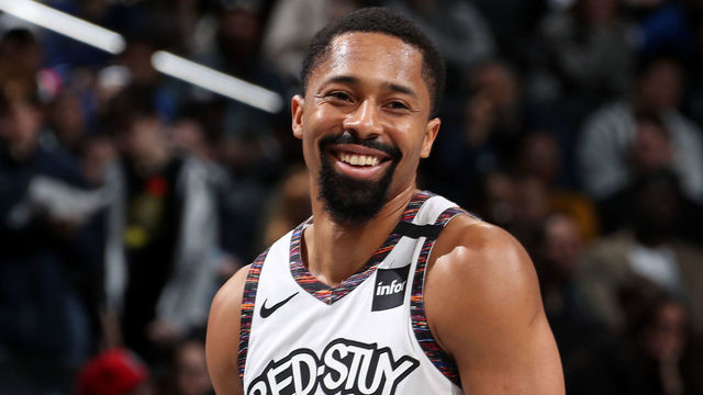 BROOKLYN, NY - JANUARY 12: Spencer Dinwiddie #8 of the Brooklyn Nets smiles during the game against the Atlanta Hawks on January 12, 2020 at Barclays Center in Brooklyn, New York. Mandatory Copyright Notice: Copyright 2020 NBAE