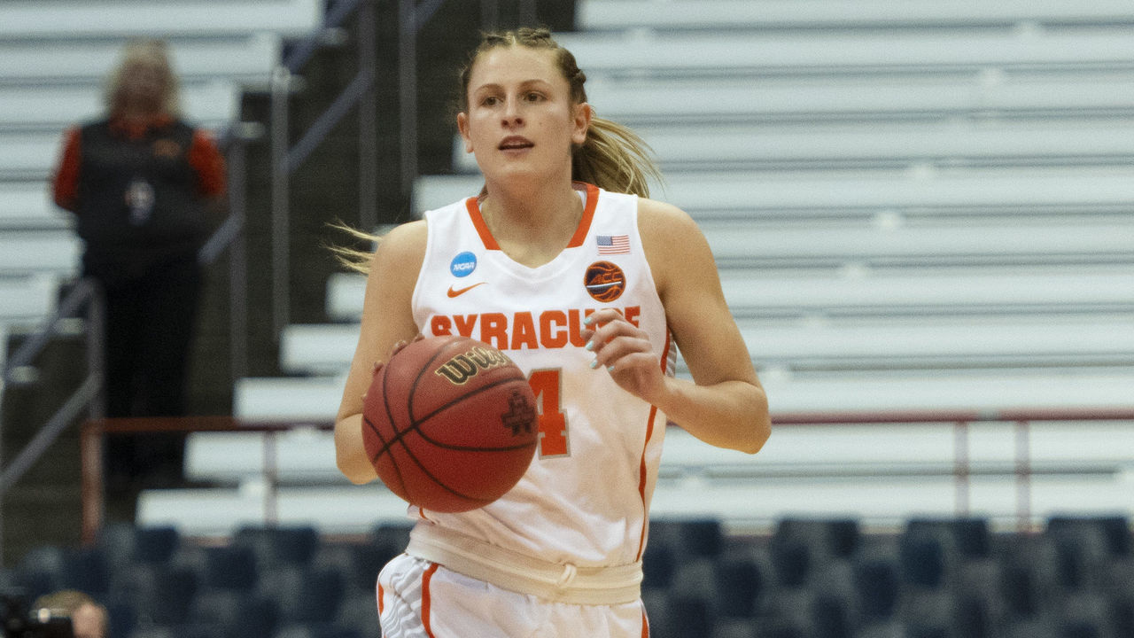 SYRACUSE, NY - MARCH 25: Syracuse Orange Guard Tiana Mangakahia (4) dribbles the ball up the court during the second half of the game between the South Dakota State Jackrabbits and the Syracuse Orange on March 25,2019, at the Carrier Dome in Syracuse, NY.