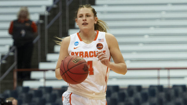 SYRACUSE, NY - MARCH 25: Syracuse Orange Guard Tiana Mangakahia (4) dribbles the ball up the court during the second half of the game between the South Dakota State Jackrabbits and the Syracuse Orange on March 25,2019, at the Carrier Dome in Syracuse, NY.