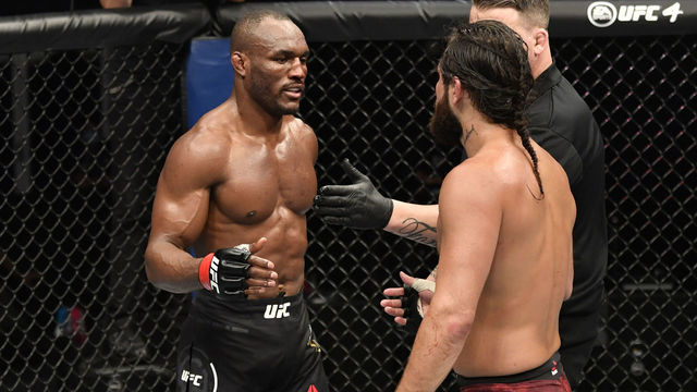 ABU DHABI, UNITED ARAB EMIRATES - JULY 12: (L-R) Kamaru Usman of Nigeria and Jorge Masvidal talk after the conclusion of their UFC welterweight championship fight during the UFC 251 event at Flash Forum on UFC Fight Island on July 12, 2020 on Yas Island, Abu Dhabi, United Arab Emirates.