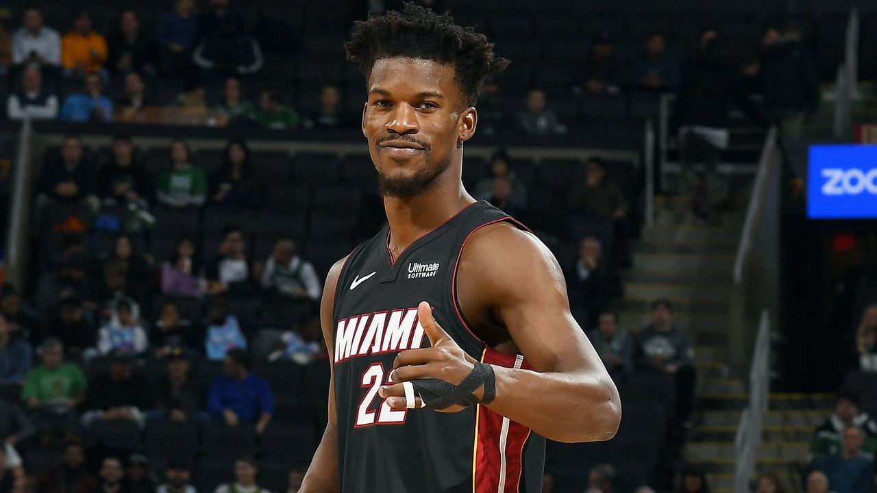 BOSTON, MA - DECEMBER 4: Jimmy Butler #22 of the Miami Heat smiles during the game against the Boston Celtics on December 4, 2019 at the TD Garden in Boston, Massachusetts. Mandatory Copyright Notice: Copyright 2019 NBAE