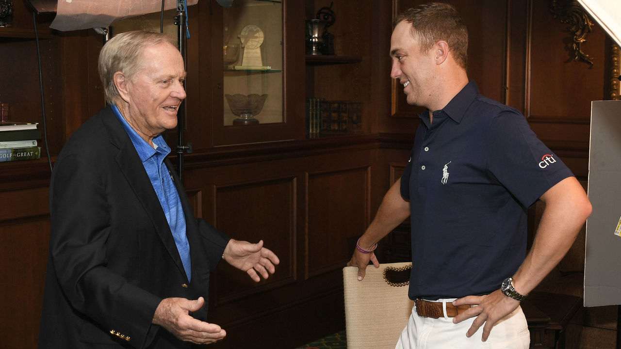 JUPITER, FL - OCTOBER 04: (L-R) Jack Nicklaus and Justin Thomas chat during the Player of the Year ceremony at The Bear's Club on October 4, 2017 in Jupiter, Florida.