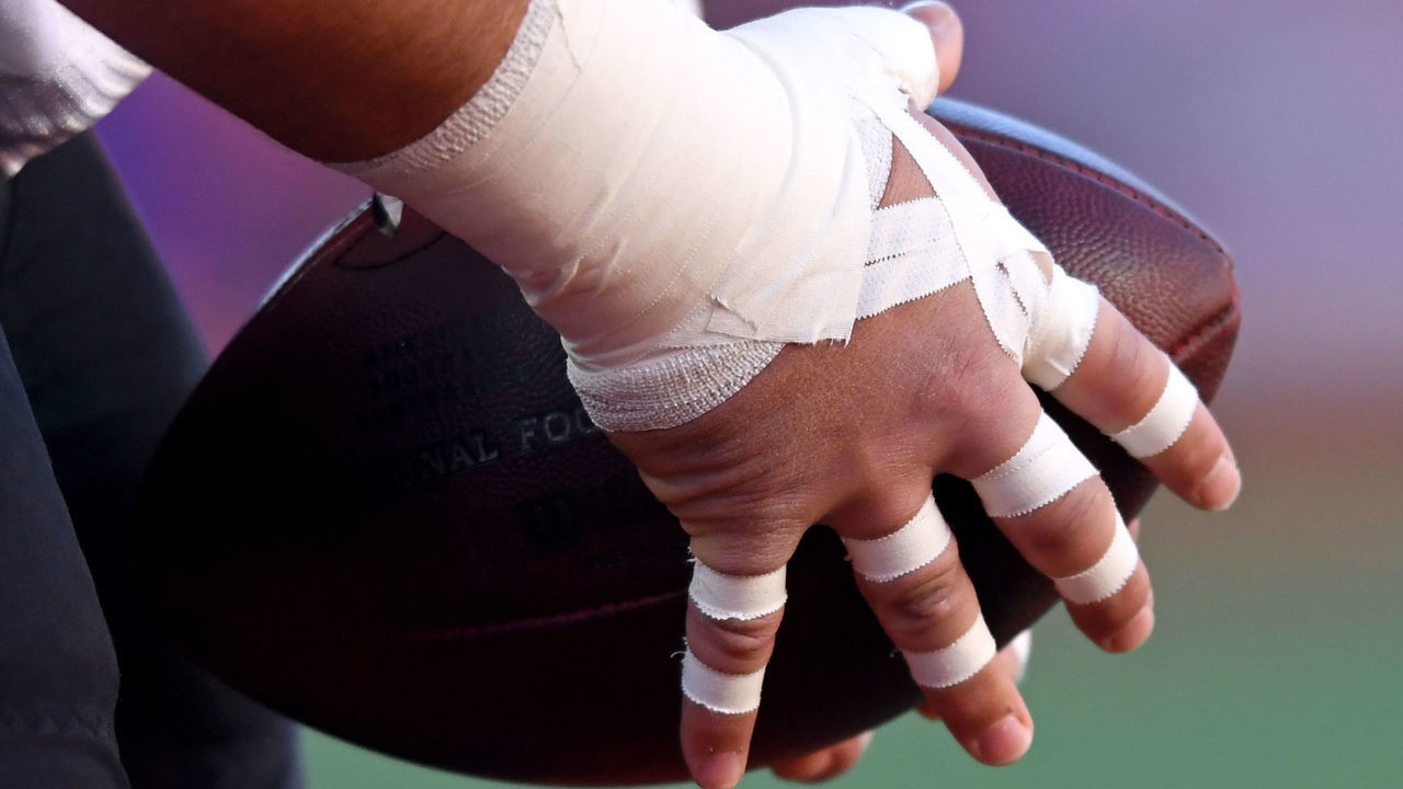CLEVELAND, OH - DECEMBER 22, 2019: A detail view of the hand of offensive guard Bradley Bozeman #77 of the Baltimore Ravens prior to a game against the Cleveland Browns on December 22, 2019 at FirstEnergy Stadium in Cleveland, Ohio. Baltimore won 31-15. (Photo by: 2019 Nick Cammett/Diamond Images via Getty Images)
