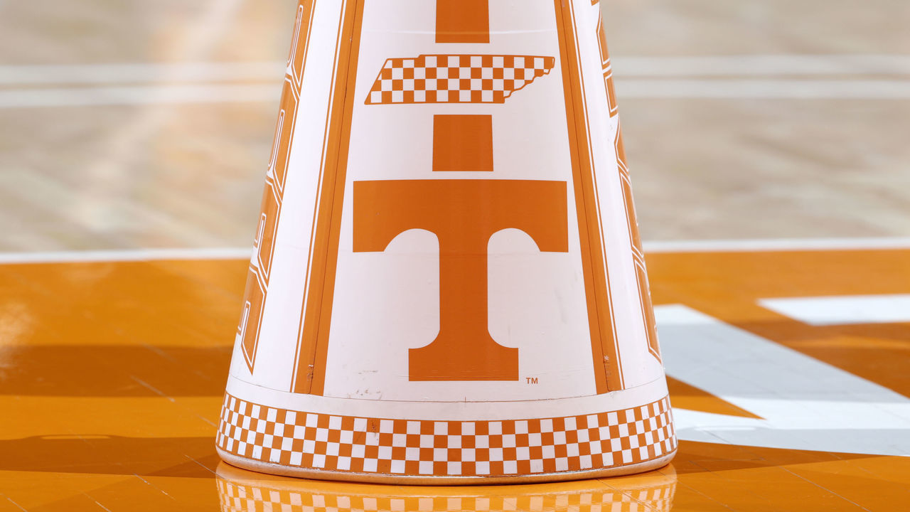 KNOXVILLE, TN - FEBRUARY 21: Detailed view of the Tennessee Volunteers logo which is seen on a cheerleader megaphone during a game against the Florida Gators at Thompson-Boling Arena on February 21, 2018 in Knoxville, Tennessee. Tennessee won 62-57. *** Local Caption ***