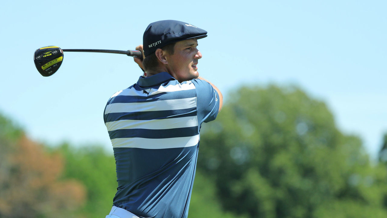 DETROIT, MICHIGAN - JULY 05: Bryson DeChambeau of the United States plays a shot during the final round of the Rocket Mortgage Classic on July 05, 2020 at the Detroit Golf Club in Detroit, Michigan.