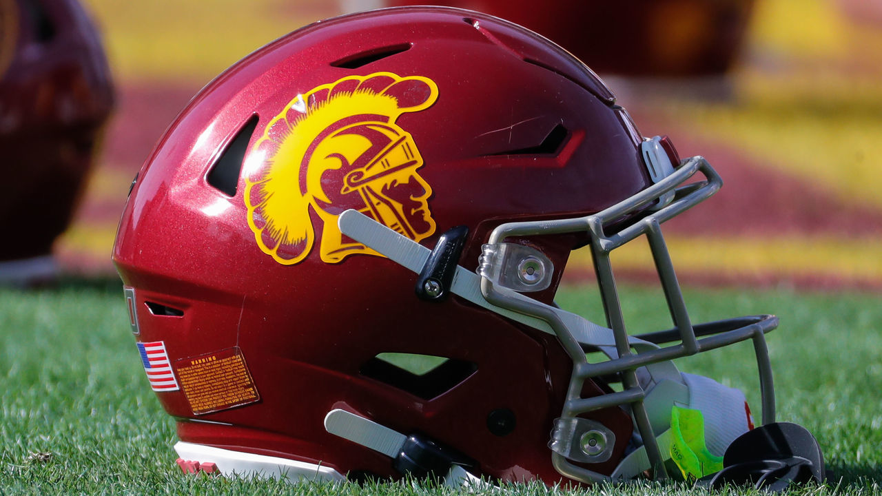 TEMPE, AZ - NOVEMBER 09: A USC Trojans helmet on the field before the college football game between the USC Trojans and the Arizona State Sun Devils on November 9, 2019 at Sun Devil Stadium in Tempe, Arizona.