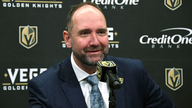LAS VEGAS, NEVADA - FEBRUARY 17: Head coach Peter DeBoer of the Vegas Golden Knights takes questions during a news conference following the team's 3-2 victory over the Washington Capitals at T-Mobile Arena on February 17, 2020 in Las Vegas, Nevada.