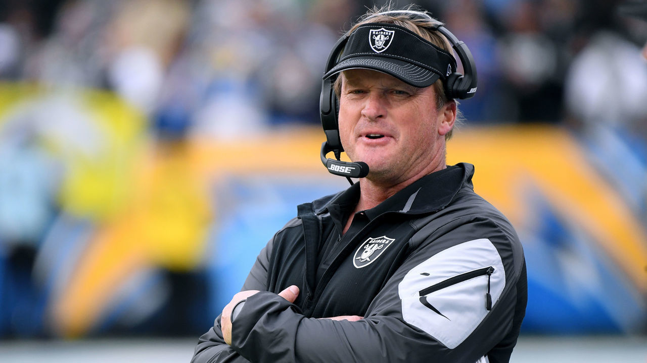 CARSON, CALIFORNIA - DECEMBER 22: Head coach Jon Gruden of the Oakland Raiders reacts during a 24-17 win over the Los Angeles Chargers at Dignity Health Sports Park on December 22, 2019 in Carson, California.