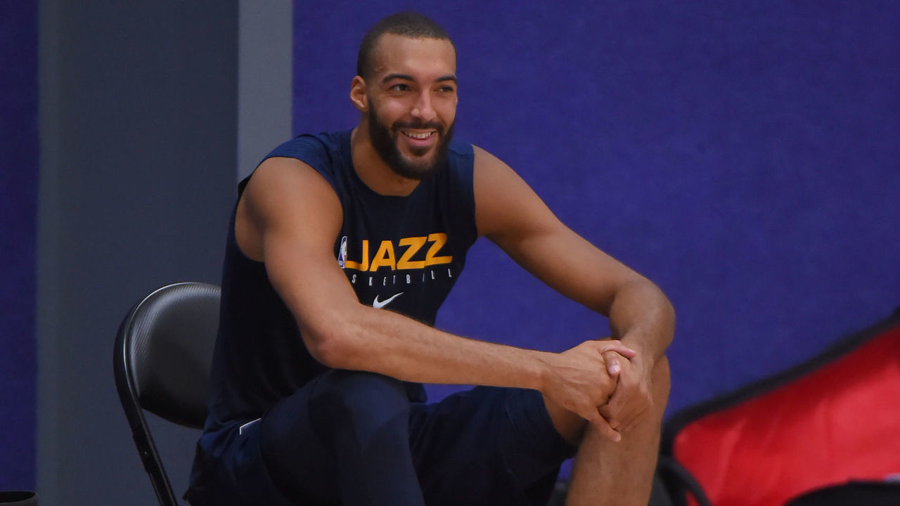 ORLANDO, FL - JULY 12: Rudy Gobert of the Utah Jazz smiles during practice as part of the NBA Restart 2020 on July 12, 2020 in Orlando, Florida. NOTE TO USER: User expressly acknowledges and agrees that, by downloading and/or using this photograph, user is consenting to the terms and conditions of the Getty Images License Agreement. Mandatory Copyright Notice: Copyright 2020 NBAE
