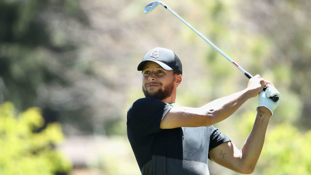SOUTH LAKE TAHOE, NEVADA - JULY 11: NBA athlete Stephen Curry of the Golden State Warriors plays a tee shot on the ninth hole during round two of the American Century Championship at Edgewood Tahoe South golf course on July 11, 2020 in South Lake Tahoe, Nevada.