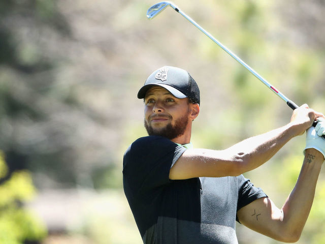 SOUTH LAKE TAHOE, NEVADA - JULY 11: NBA athlete Stephen Curry of the Golden State Warriors plays a tee shot on the ninth hole during round two of the American Century Championship at Edgewood Tahoe South golf course on July 11, 2020 in South Lake Tahoe, Nevada.
