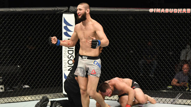 ABU DHABI, UNITED ARAB EMIRATES - JULY 16: Khamzat Chimaev of Czechia celebrates after his submission victory over John Phillips in their middleweight fight during the UFC Fight Night event inside Flash Forum on UFC Fight Island on July 16, 2020 in Yas Island, Abu Dhabi, United Arab Emirates.