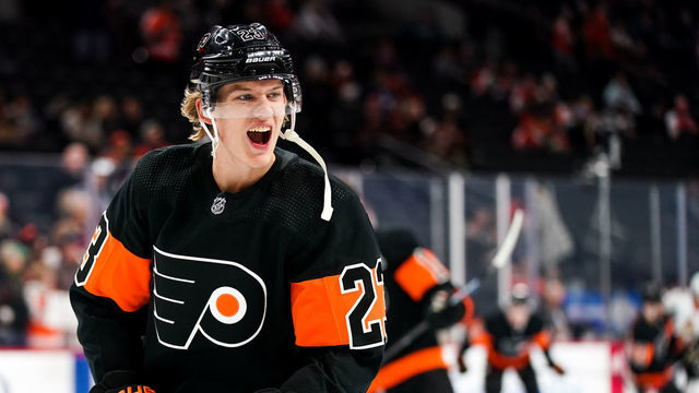PHILADELPHIA, PA - DECEMBER 07: Philadelphia Flyers Left Wing Oskar Lindblom (23) is excited and ready to go before the game between the Ottawa Senators and the Philadelphia Flyers on December 7, 2019 at the Wells Fargo Center in Philadelphia, Pennsylvania.