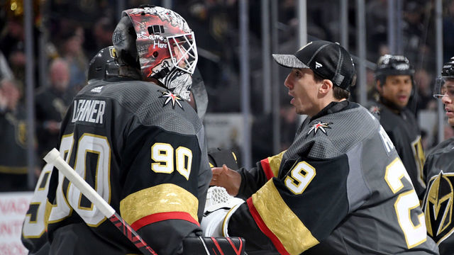 LAS VEGAS, NEVADA - FEBRUARY 28: Robin Lehner #90 and Marc-Andre Fleury #29 of the Vegas Golden Knights celebrate on the ice after the team's 4-2 victory over the Buffalo Sabres at T-Mobile Arena on February 28, 2020 in Las Vegas, Nevada.