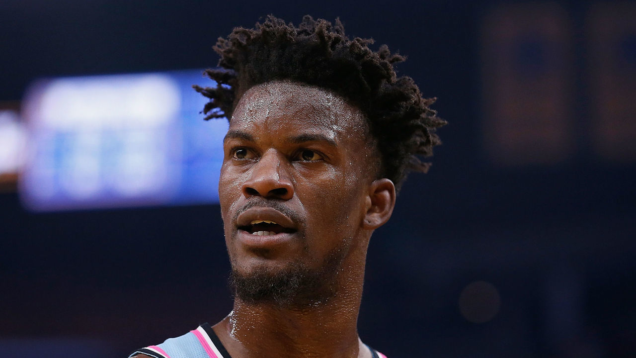 SAN FRANCISCO, CALIFORNIA - FEBRUARY 10: Jimmy Butler #22 of the Miami Heat looks on in the first half against the Golden State Warriors at Chase Center on February 10, 2020 in San Francisco, California. NOTE TO USER: User expressly acknowledges and agrees that, by downloading and/or using this photograph, user is consenting to the terms and conditions of the Getty Images License Agreement.