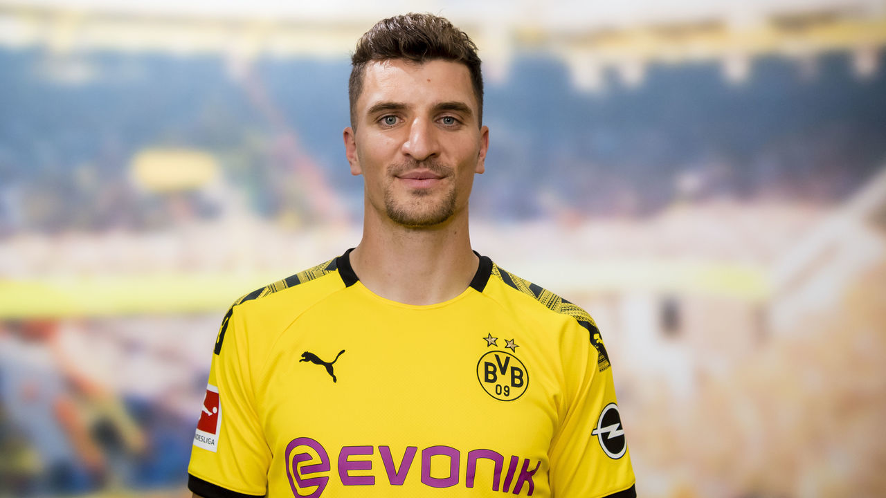 DORTMUND, GERMANY - JUNE 25: Newly signed player of Borussia Dortmund Thomas Meunier poses for a picture during a photo shoot on June 25, 2020 in Dortmund, Germany.