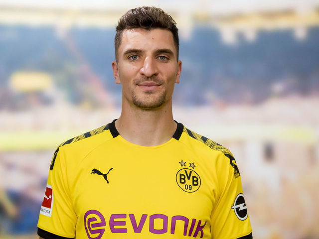 DORTMUND, GERMANY - JUNE 25: Newly signed player of Borussia Dortmund Thomas Meunier poses for a picture during a photo shoot on June 25, 2020 in Dortmund, Germany.