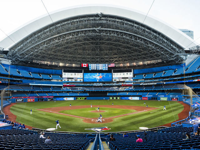 TORONTO ON - JULY 09 Toronto Blue Jays players take part in an intrasquad game at Rogers Centre on July 9 2020 in Toronto Canada