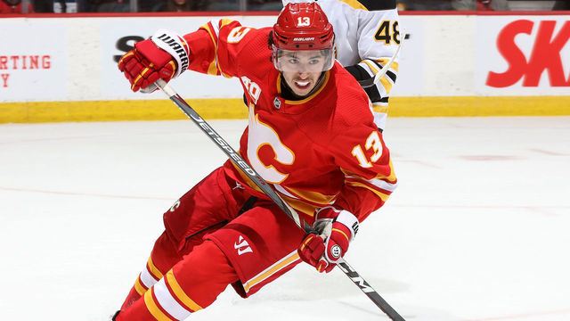 CALGARY, AB - FEBRUARY 21: Johnny Gaudreau #13 of the Calgary Flames skates against the Boston Bruins on February 21, 2020 at the Scotiabank Saddledome in Calgary, Alberta, Canada.