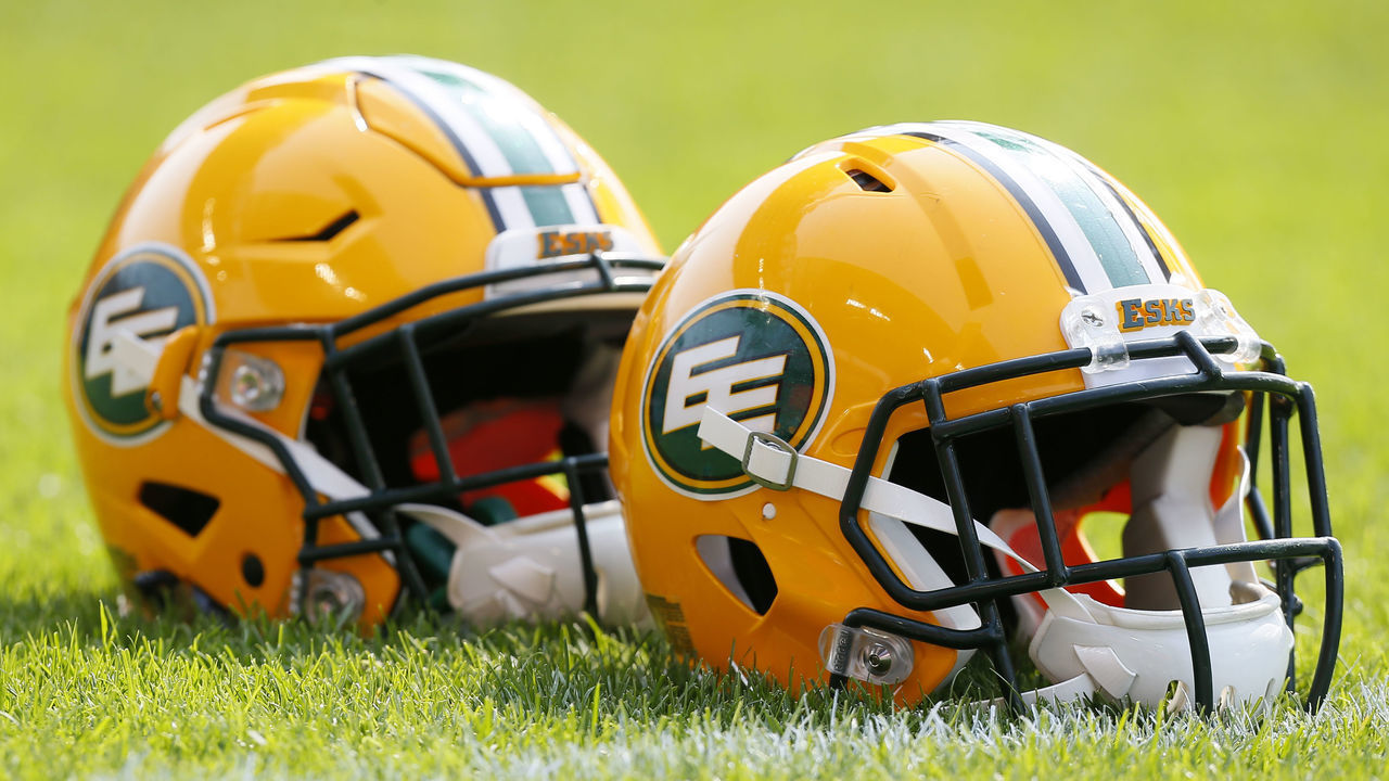 TORONTO, ON - SEPTEMBER 16: Edmonton Eskimos helmets lined up during the warm up against the Toronto Argonauts at BMO field on September 16, 2017 in Toronto, Ontario, Canada. Toronto defeated Edmonton 36-24.