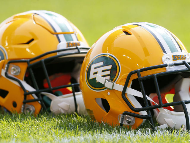 TORONTO, ON - SEPTEMBER 16: Edmonton Eskimos helmets lined up during the warm up against the Toronto Argonauts at BMO field on September 16, 2017 in Toronto, Ontario, Canada. Toronto defeated Edmonton 36-24.