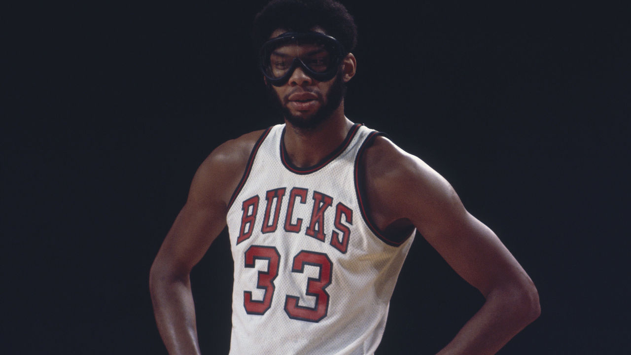 UNDATED: Milwaukee Bucks' center Kareem Abdul Jabbar #33 stands on the court wearing procetive goggles.