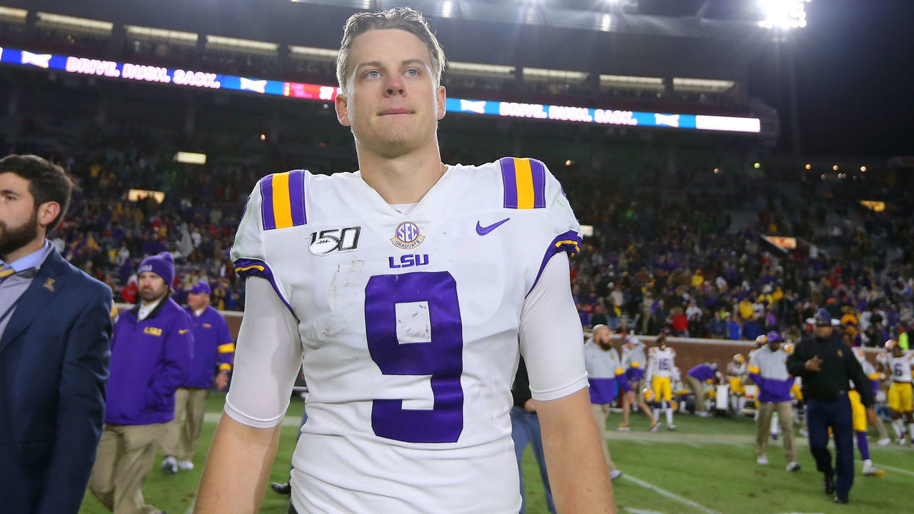 OXFORD, MISSISSIPPI - NOVEMBER 16: Joe Burrow #9 of the LSU Tigers reacts during a game against the Mississippi Rebels at Vaught-Hemingway Stadium on November 16, 2019 in Oxford, Mississippi.