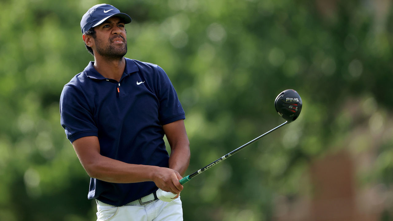DUBLIN, OHIO - JULY 16: Tony Finau of the United States plays his shot from the 18th tee during the first round of The Memorial Tournament on July 16, 2020 at Muirfield Village Golf Club in Dublin, Ohio.