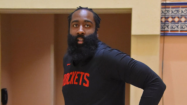 ORLANDO, FL - JULY 16: James Harden #13 of the Houston Rockets looks on during practice as part of the NBA Restart 2020 on July 16, 2020 in Orlando, Florida. NOTE TO USER: User expressly acknowledges and agrees that, by downloading and/or using this photograph, user is consenting to the terms and conditions of the Getty Images License Agreement. Mandatory Copyright Notice: Copyright 2020 NBAE