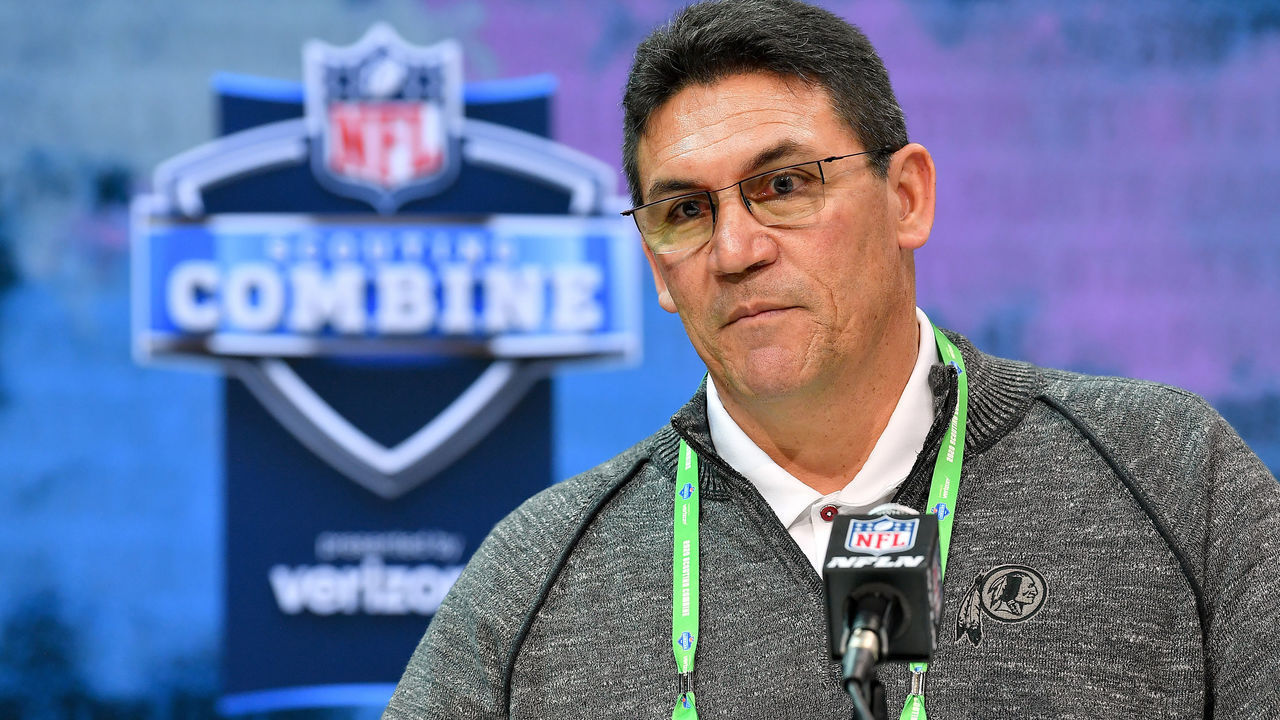 INDIANAPOLIS, INDIANA - FEBRUARY 26: Head coach Ron Rivera of the Washington Redskins interviews during the second day of the 2020 NFL Scouting Combine at Lucas Oil Stadium on February 26, 2020 in Indianapolis, Indiana.