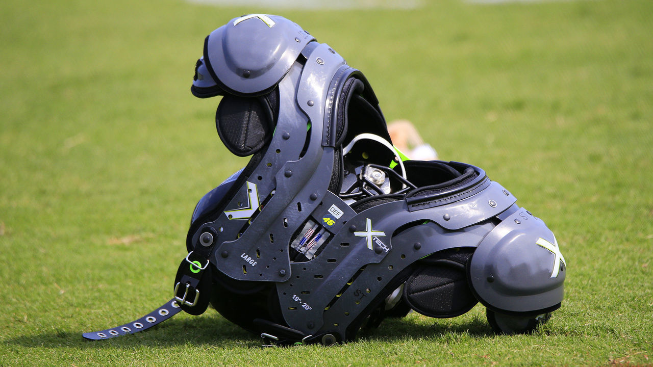 FLOWERY BRANCH, GA - JULY 28: Shoulder pads on the field during Training Camp on July 28, 2019 at the Atlanta Falcons Training Facility in Flowery Branch, GA.