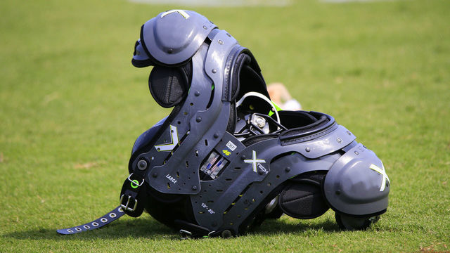 FLOWERY BRANCH, GA - JULY 28: Shoulder pads on the field during Training Camp on July 28, 2019 at the Atlanta Falcons Training Facility in Flowery Branch, GA.