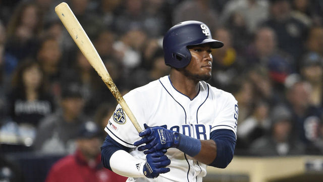 SAN DIEGO, CA - APRIL 2: Franchy Cordero #33 of the San Diego Padres bats during the seventh inning of a baseball game against the Arizona Diamondbacks at Petco Park April 2, 2019 in San Diego, California.