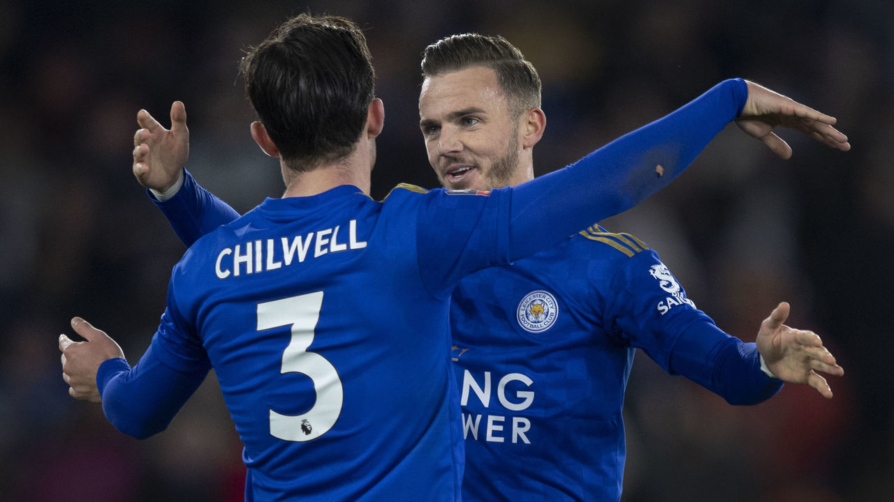 LEICESTER, ENGLAND - MARCH 04: James Maddison and Ben Chilwell of Leicester City celebrate their goal during the FA Cup Fifth Round match between Leicester City and Birmingham City at The King Power Stadium on March 4, 2020 in Leicester, England.