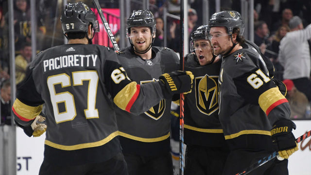 LAS VEGAS, NEVADA - FEBRUARY 13: Max Pacioretty #67, Shea Theodore #27, Jonathan Marchessault #81 and Mark Stone #61 of the Vegas Golden Knights celebrate after Marchessault scored a second-period power-play goal against the St. Louis Blues during their game at T-Mobile Arena on February 13, 2020 in Las Vegas, Nevada.